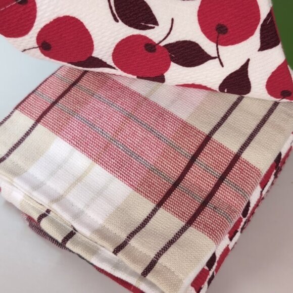 KATE SPADE Kitchen Towel Set 5 Pairs Dish Towels Cherry Plaid Chevron Print Red - Picture 4 of 13
